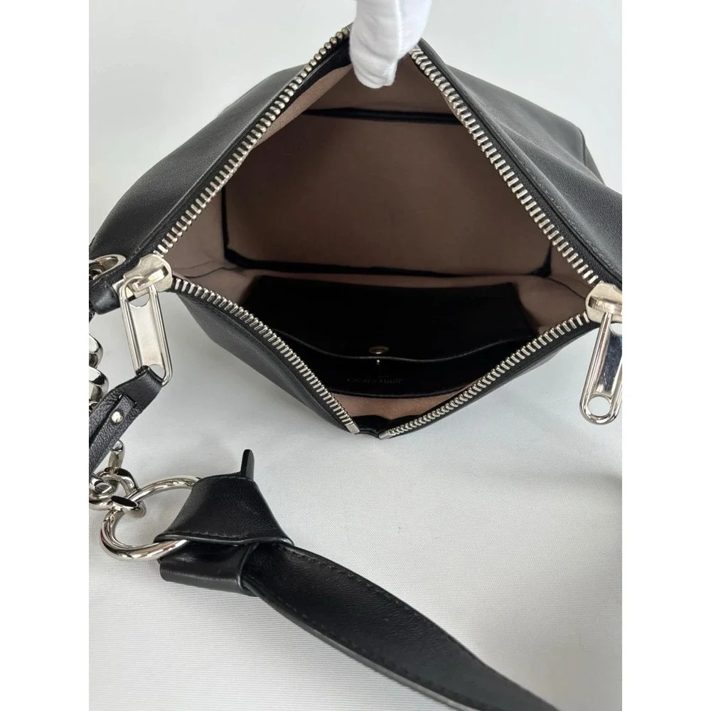 Jimmy Choo raven Hobbo Bag Black Leather With Silver Chain Accents